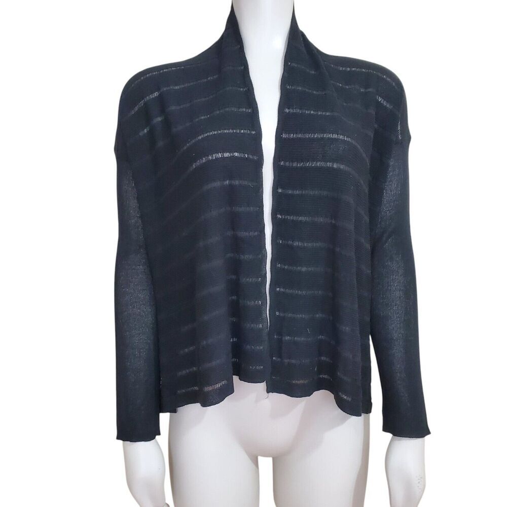 Eileen Fisher Black semi Sheer Open Front Cardigan Women PS Petite Small Viscose